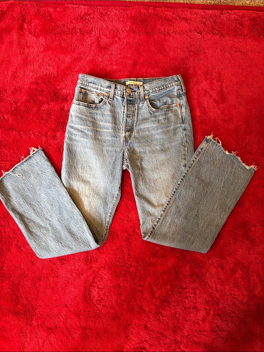 Levi's Premium Wedgie Bootcut Jeans Fair Point Big E Leather Patch 30X32 Raw Hem